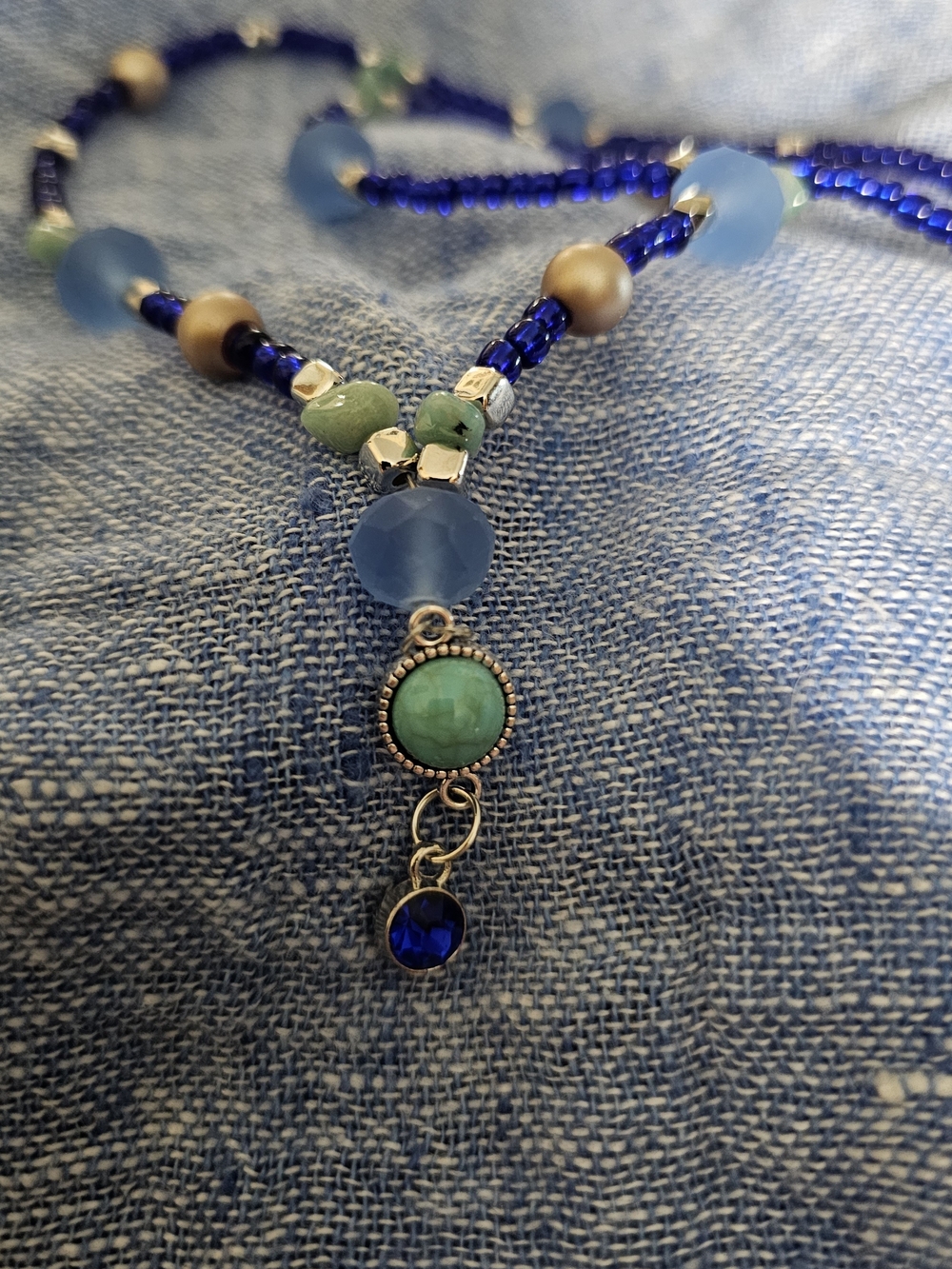 Handmade Blue and Green Beaded Pendant Necklace Gaux Turquoise Cobalt Crystal